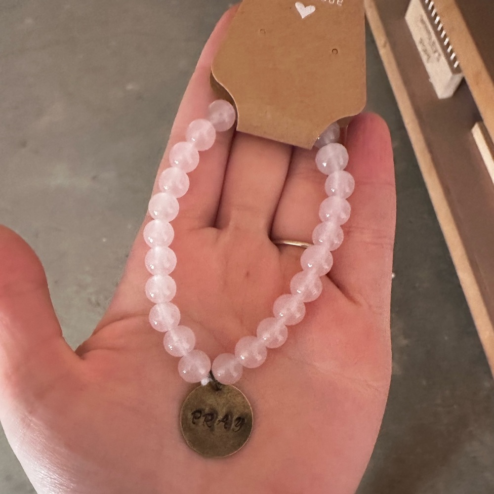 Handmade Pink Beaded Bracelet with Pray Charm